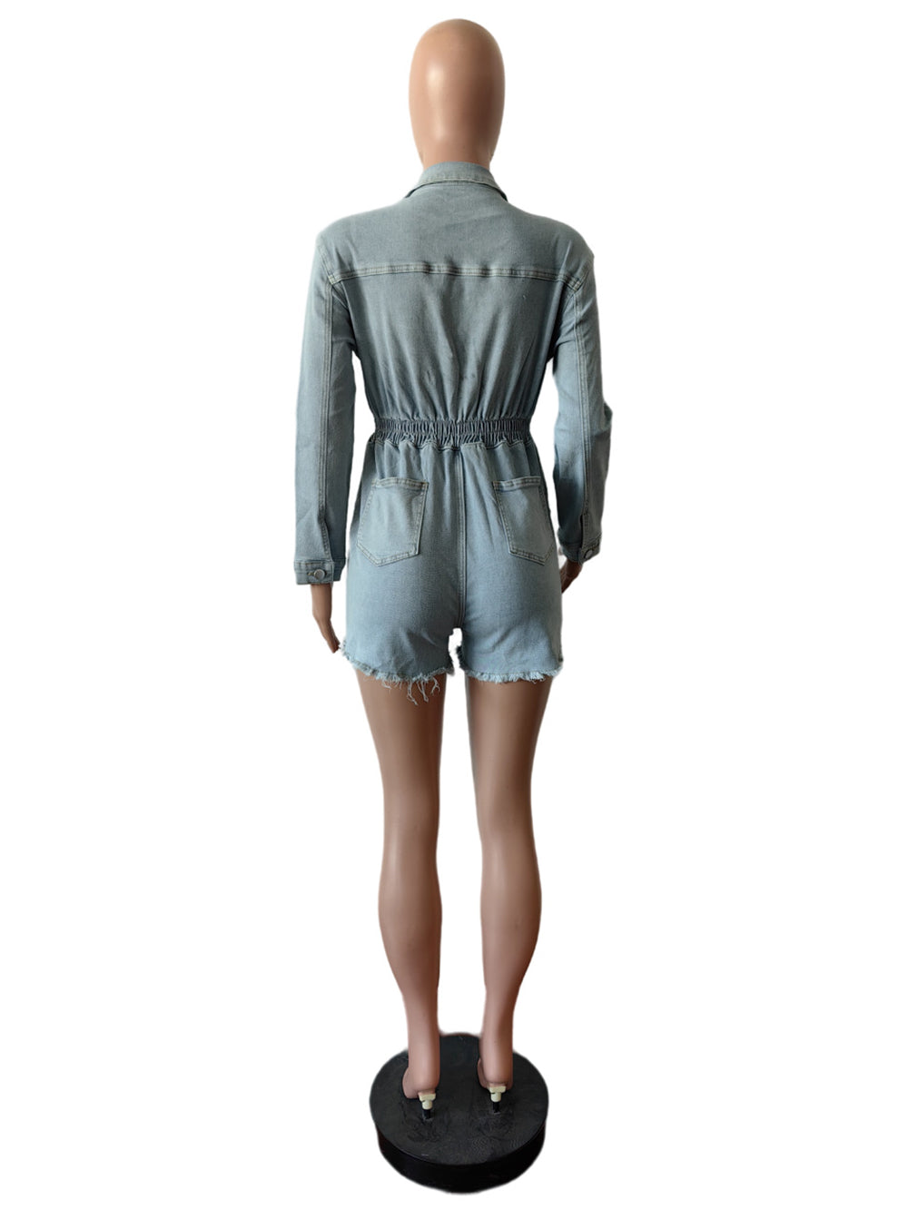 Zip-Front Washed Elastic Denim Romper