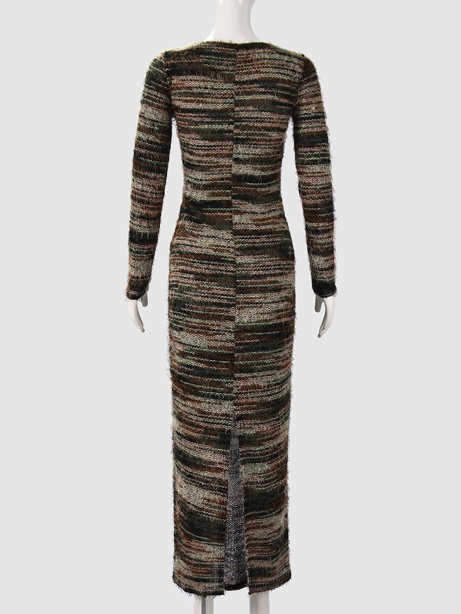 Fashion Colorblock Striped Bodycon Split Hem Maxi Dress