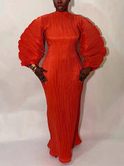 Plus Size Pleated Lantern Sleeve Slim Maxi Dress