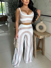Stripe Crop Vest Wide Leg Pants Casual Two Piece Set