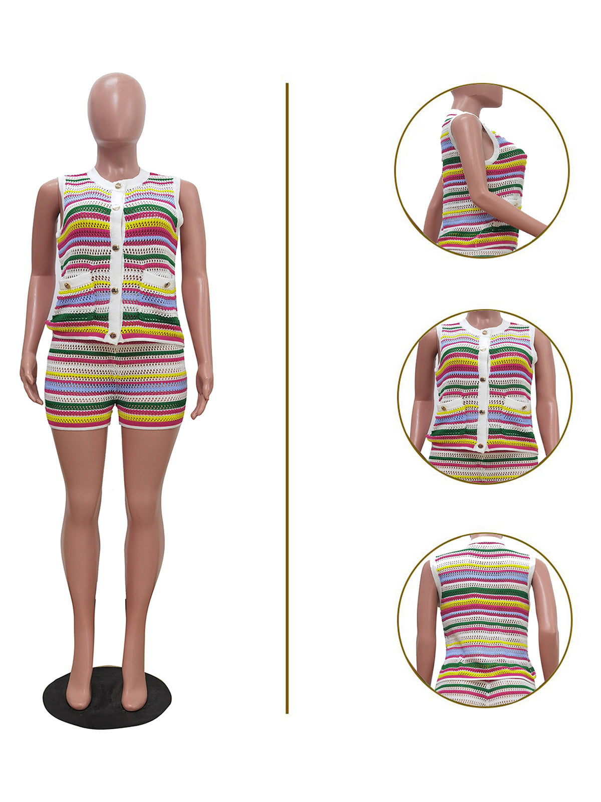 Casual Colorblock Striped Knit Sleeveless Shorts Sets