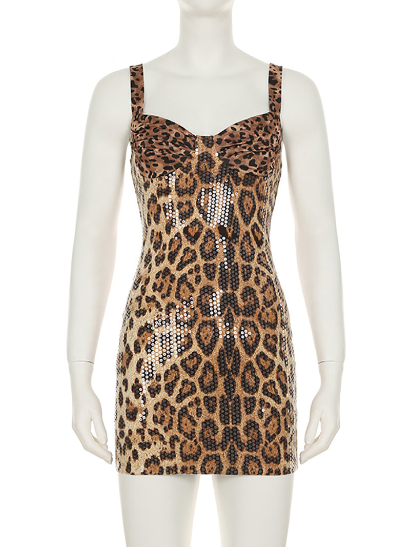 Fashion Leopard Print Sequin Slim Dress