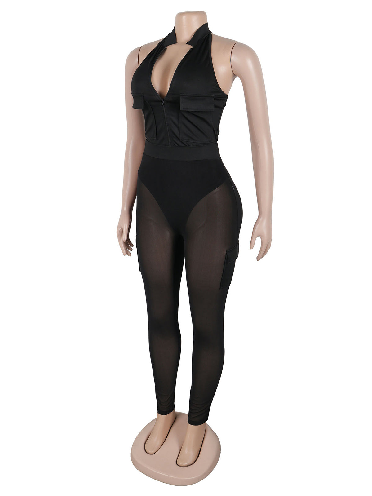 Sexy V-neck Halter Bodysuit and Mesh Pants Set