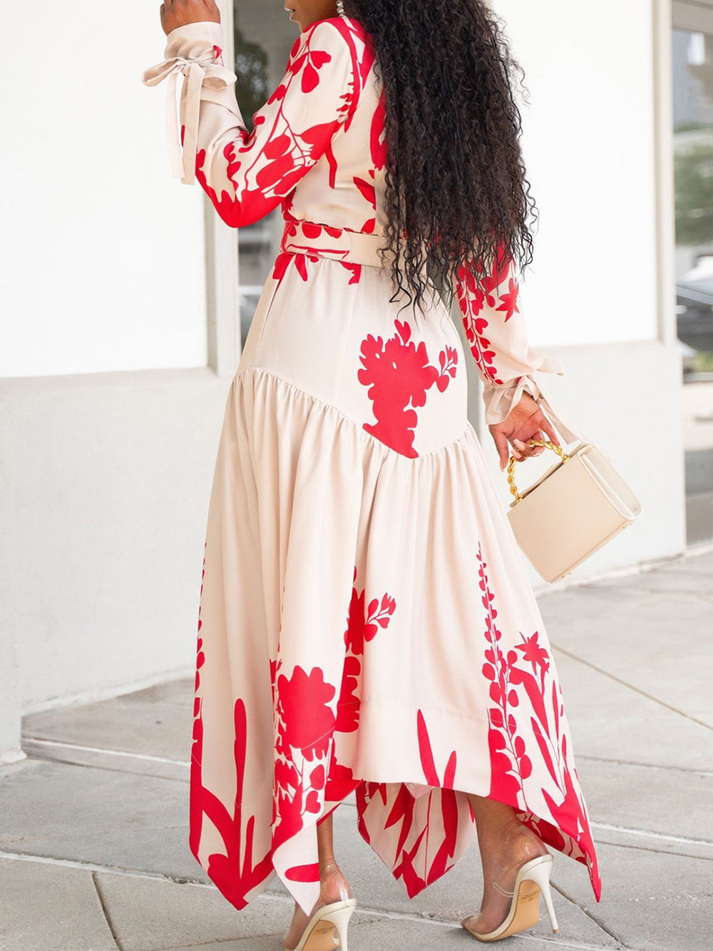 Casual Floral Print Long Sleeve Irregular Hem Maxi Dress