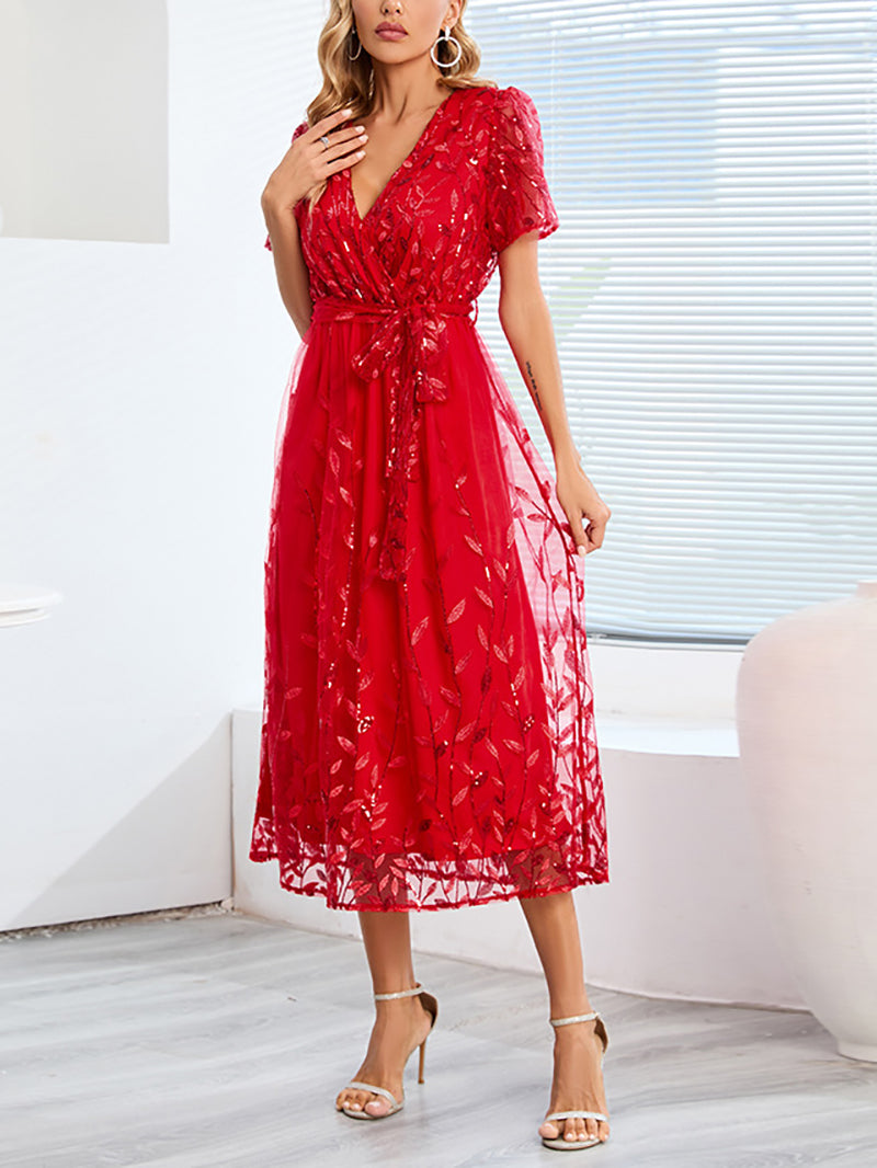 Fashion V-neck Sequin Lace-up Slim Party Dress