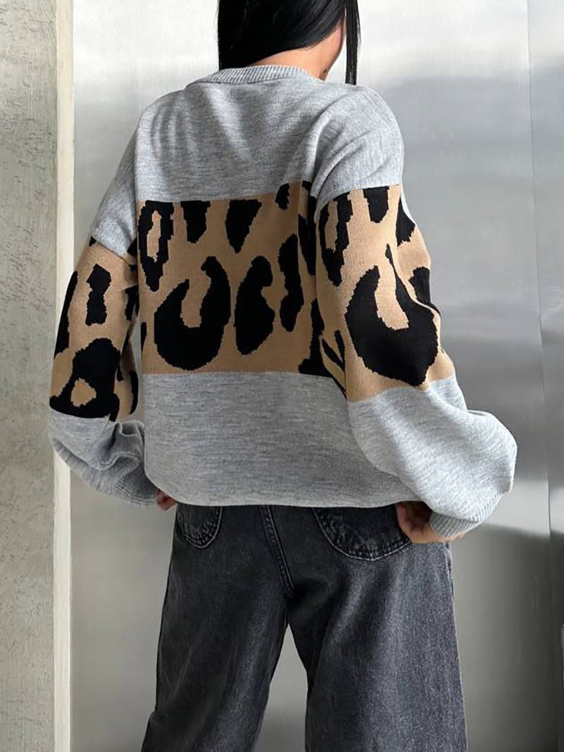 Color Block Leopard Pattern Patchwork Loose Sweater