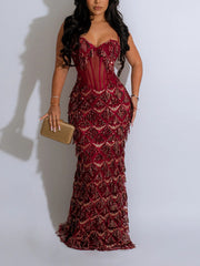 Sexy Corset Sequin Fringed Gowns Maxi Dress