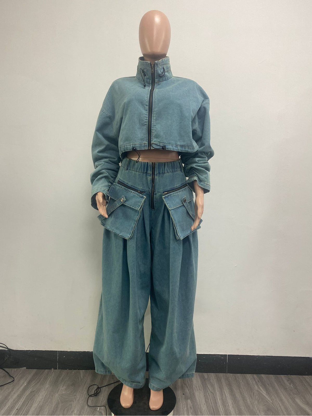 Casual Cropped Denim Jacket Cargo Jeans Two Piece Set