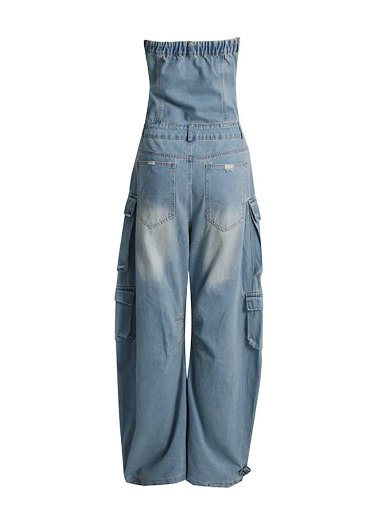 Off The Shoulder Denim Overalls Punk Pockets Jumpsuit
