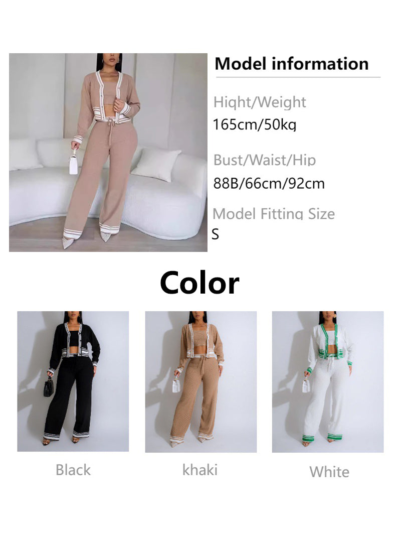 Knit Cardigan Crop Tank and Pants Sweatsuit 3 Piece