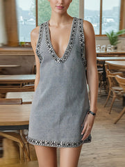 Elegant Crystal Embellished Sleeveless Denim Dress