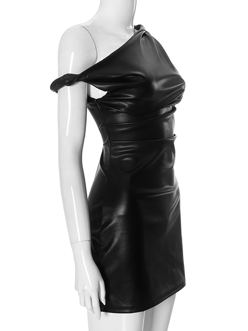 Faux Leather One Shoulder Ruched Mini Dress