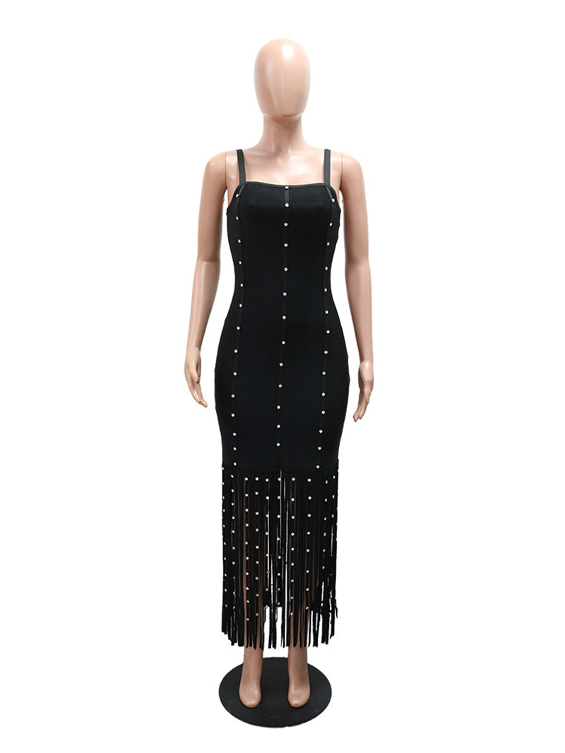 Sexy Fringe Trim Spaghetti Strap Midi Dress