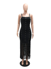 Sexy Fringe Trim Spaghetti Strap Midi Dress