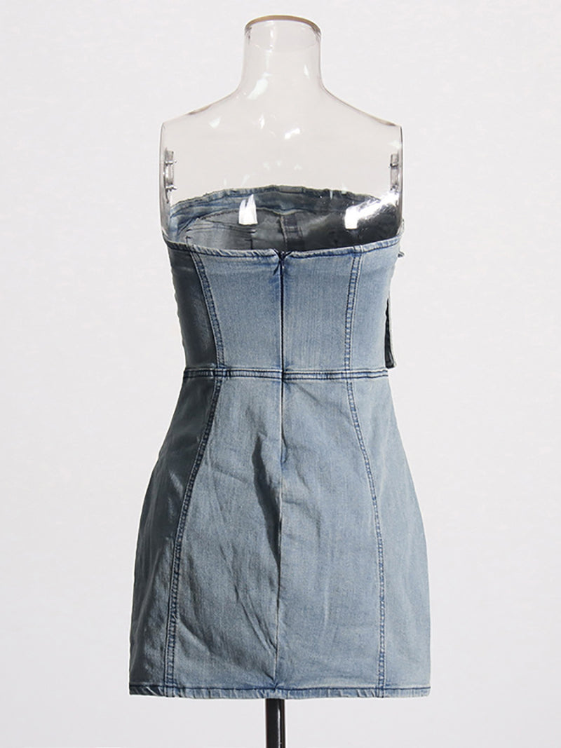 Fashion Patchwork Strapless Denim Dress