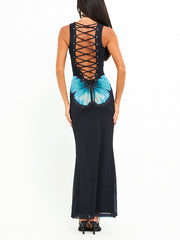 Back Lace-up Sleeveless Butterfly Print Maxi Dress