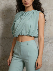 Fashion Crew Neck Cap Sleeve Pleated Top