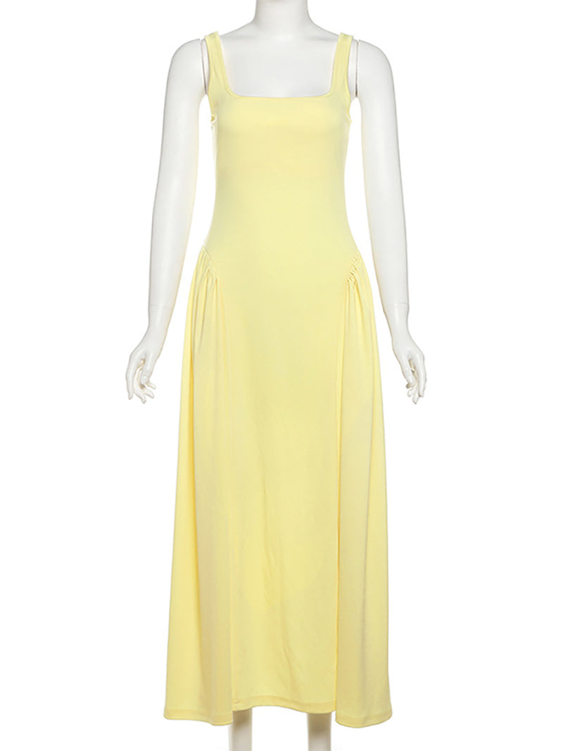 Elegant Sleeveless Square Neck Slim Pleated Midi Dress