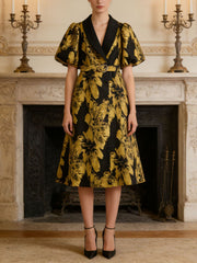 Fashion V Neck Print Puff Sleeves Maxi Dress