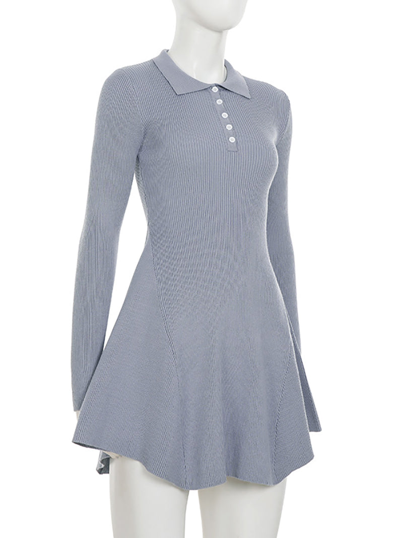 Fashion Polo Collar Button Sweater Mini Dress