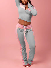 Casual  Stripe Tube Top Jacket Jogging Pants Sports Set