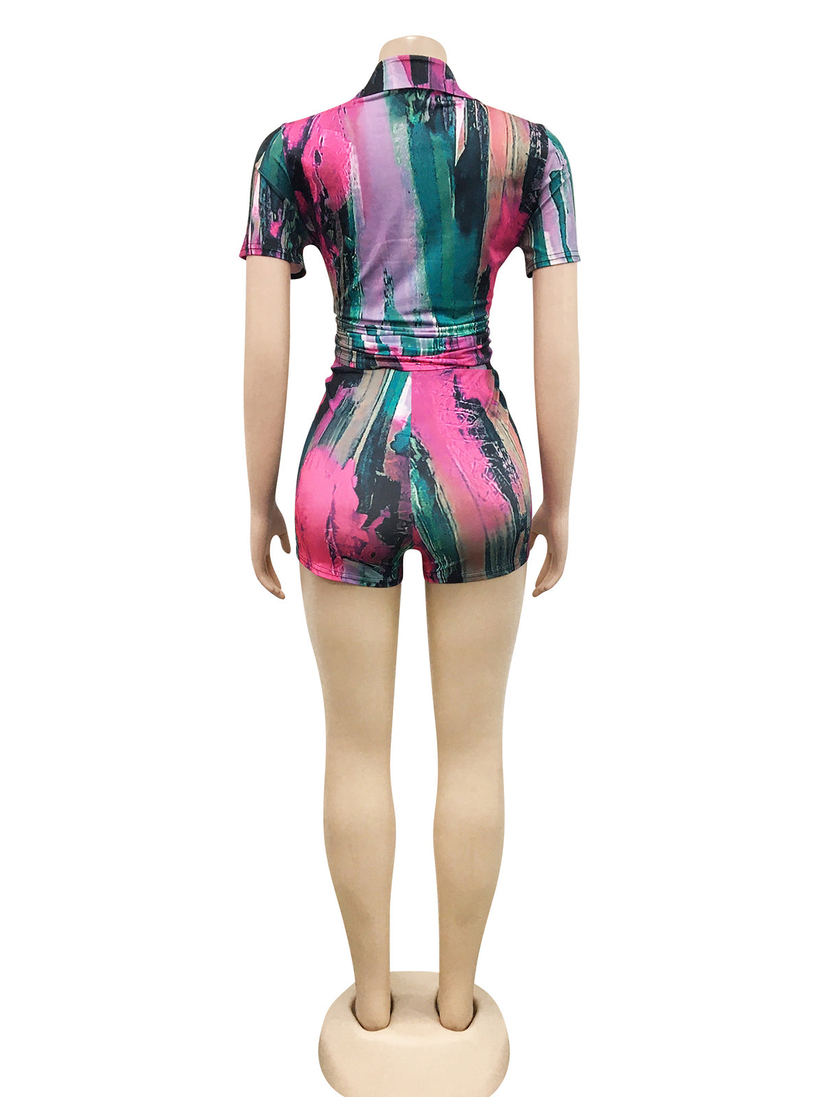 Print Turn-Down Collar Shirt Shorts Slim Two Piece Set