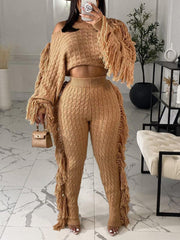 Fashion Knit Tassels High Waist Trousers Sets