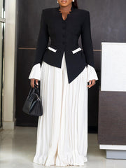 Casual V-neck Asymmetry Top Pleated Wide Leg Pants Set
