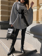 Fashion Houndstooth Tie Waist Cape Coat