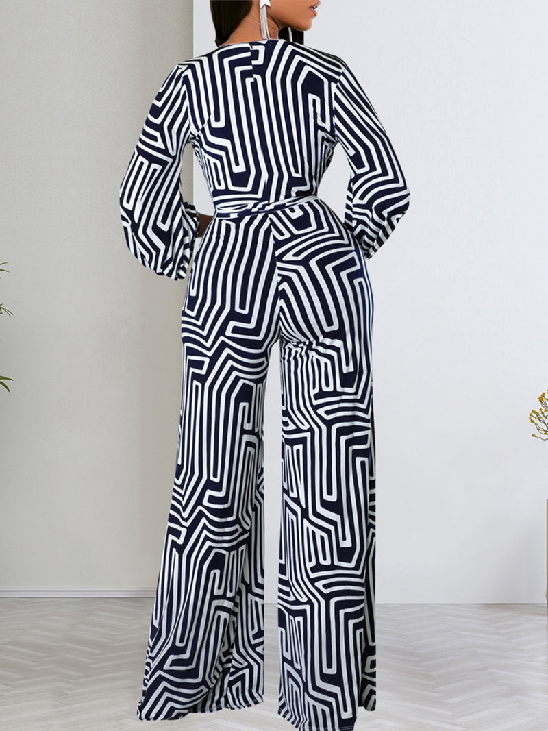 Sexy Printed Sleeve V-Neck Wrap Jumpsuit