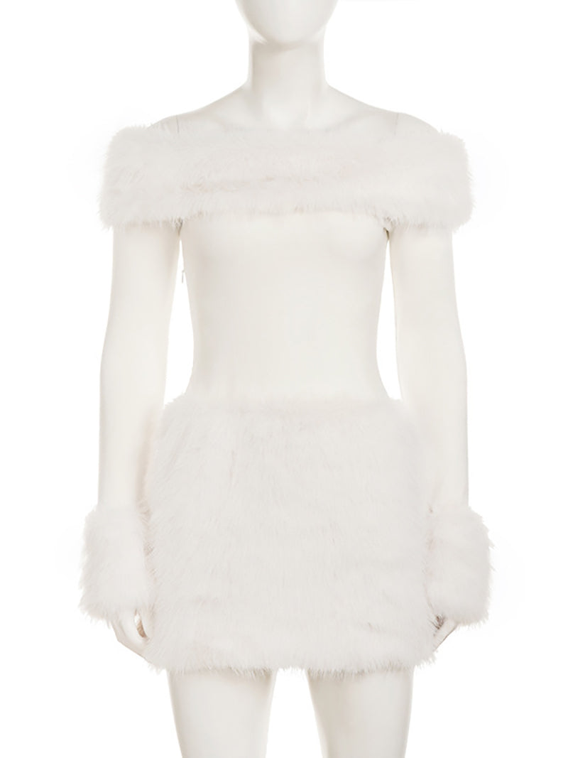 Sexy Off Shoulder Long Sleeve Fluffy Mini Dress