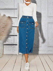 High Waist Button Fly Flap Detail Denim Skirt