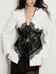 Lace Embroidered V Neck Blazer-boutique