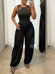 Rhinestone Mesh Halter Jumpsuit