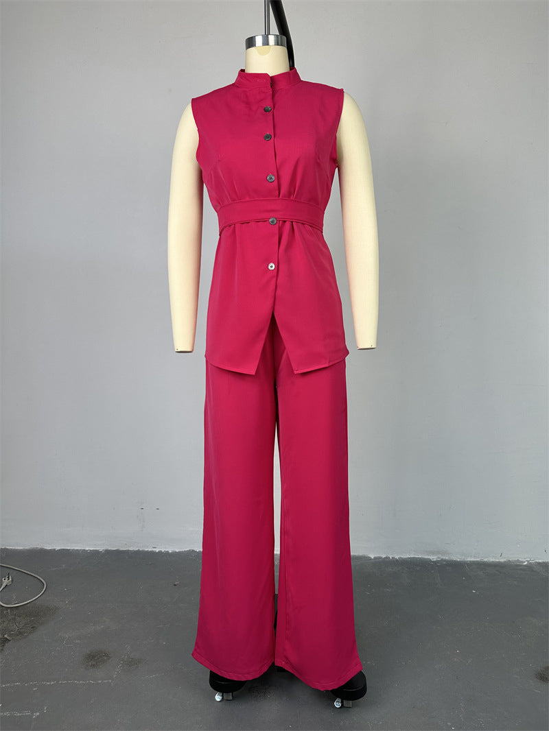 Button-Up Sleeveless Top and Wide Leg Pant Set