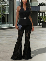 Pearl Top and Lace Flare Pants Set-boutique