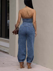Fashion Denim Tube Vest And Jeans Two Piece Set