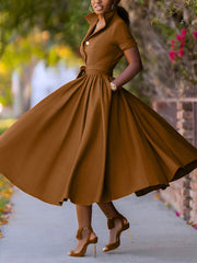 Bandage Cinched Waist Turndown Collar Midi Dress