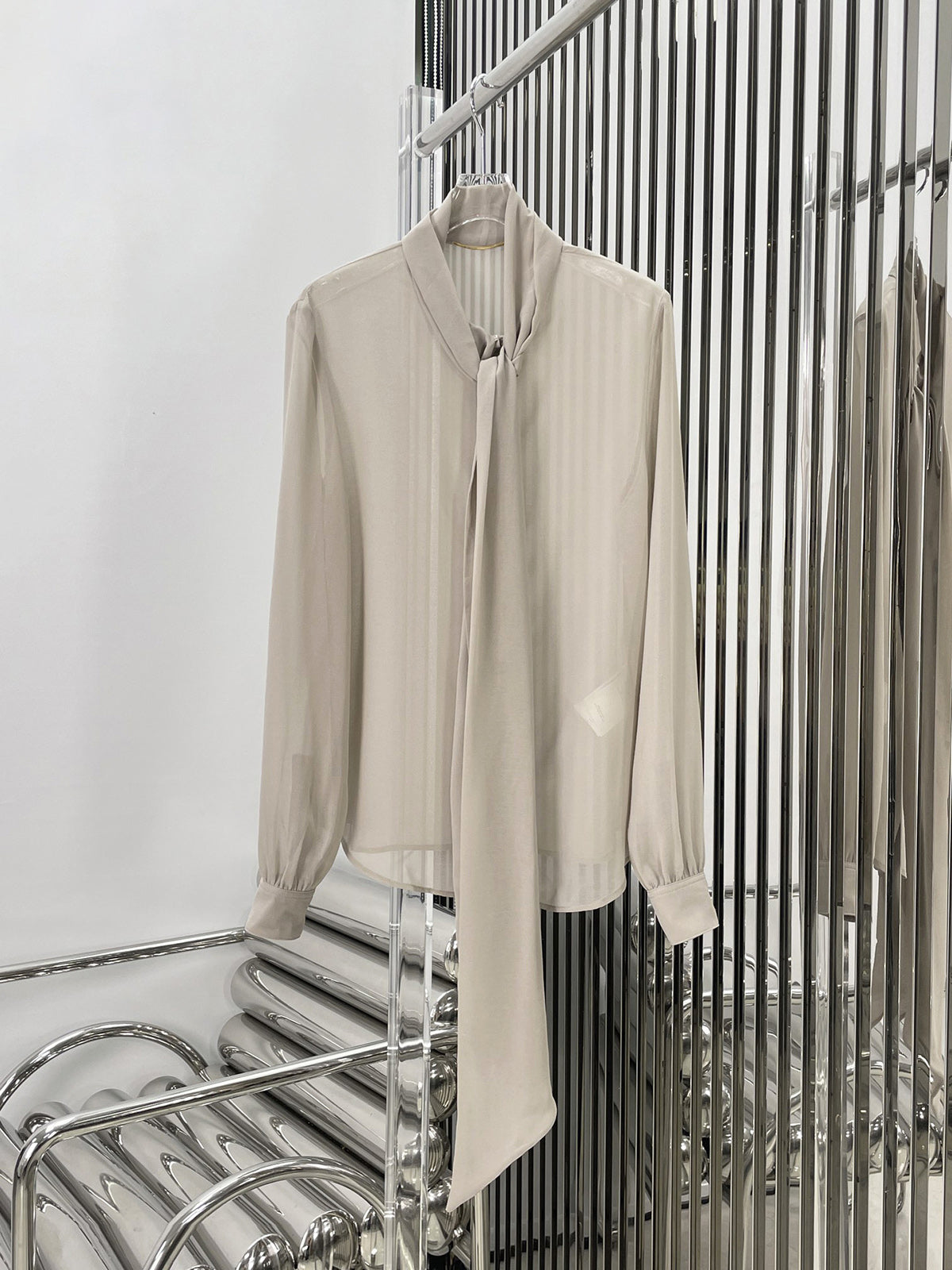 Fashion Ribbon See through Long Sleeve Silk Blouse
