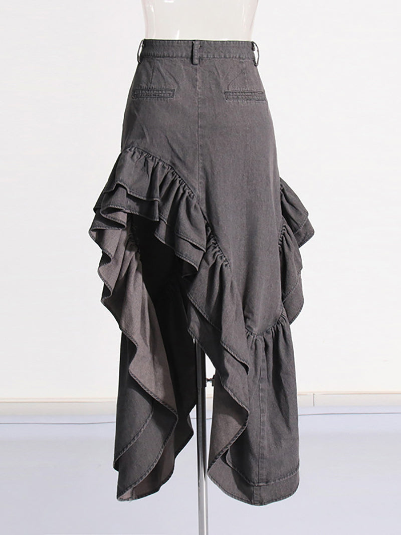 Asymmetrical Layered Ruffle High Waist Split Skirt