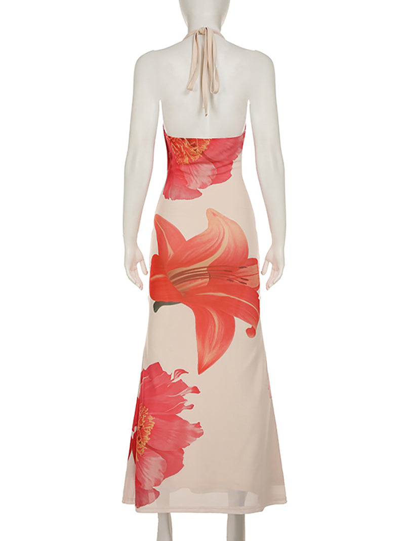 Casual Stack Collar Halter Print Backless Maxi Dress