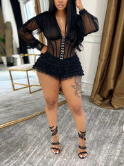 Sexy V Neck Sheer Mesh Club Mini Dress