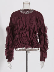 Fashion Patchwork Ruffle Slim Knit Pullover