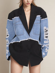 Denim Stitched Single Breasted Loose Long Blazer