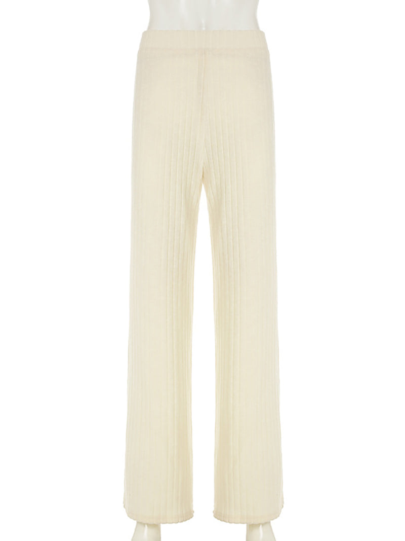 Casual Elastic Waist Ribbed Wide Leg Pants