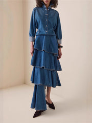 Loose Denim Shirt Asymmetric Ruffle Tiered Skirt Sets