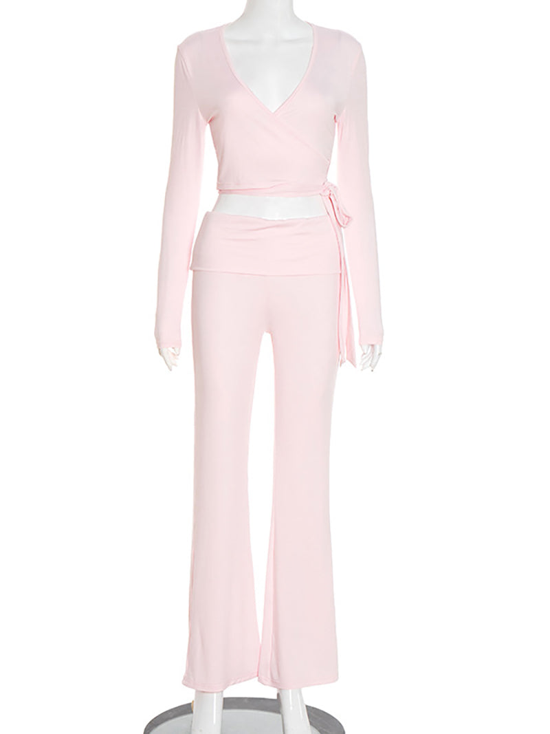 Casual Lace-up Crop Top High Waist Pants Sports Set
