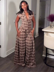Plaid Shirt and Wide Leg Pants Set