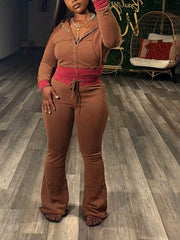Contrast Waist Hoodie and Flare Pants Set