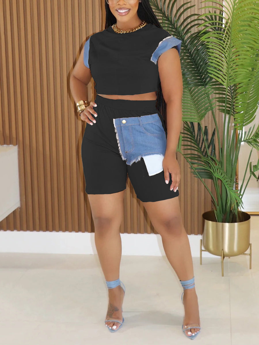 Casual Denim Patchwork Shorts Two- Piece Set